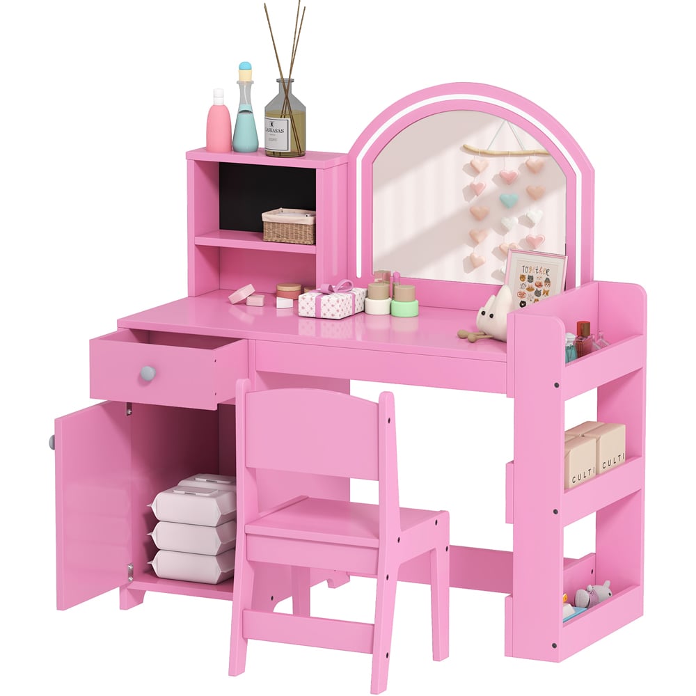 AIYAPLAY 2 Piece Pink LED Mirror Kids Dressing Table and Stool Set Image 2