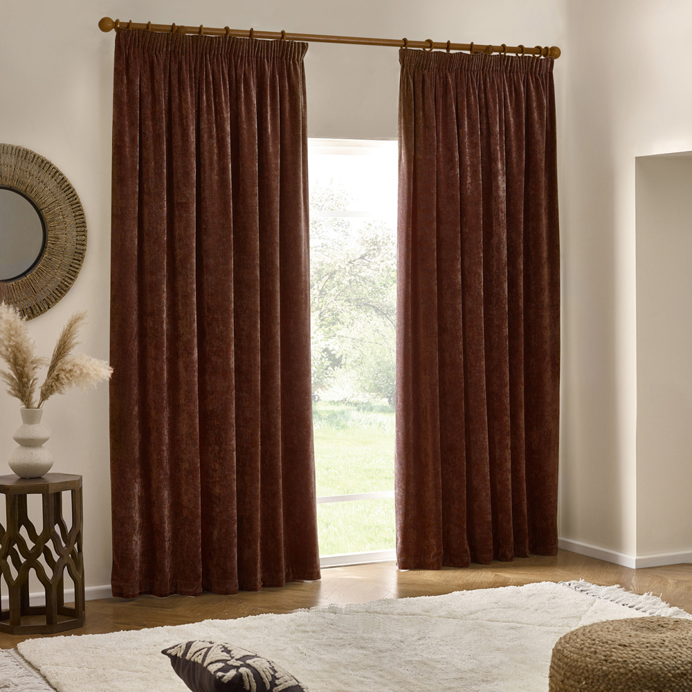 Yard Heavy Nutmeg Chenille Velvet Pencil Pleat Curtains 117 x 137cm Image 6