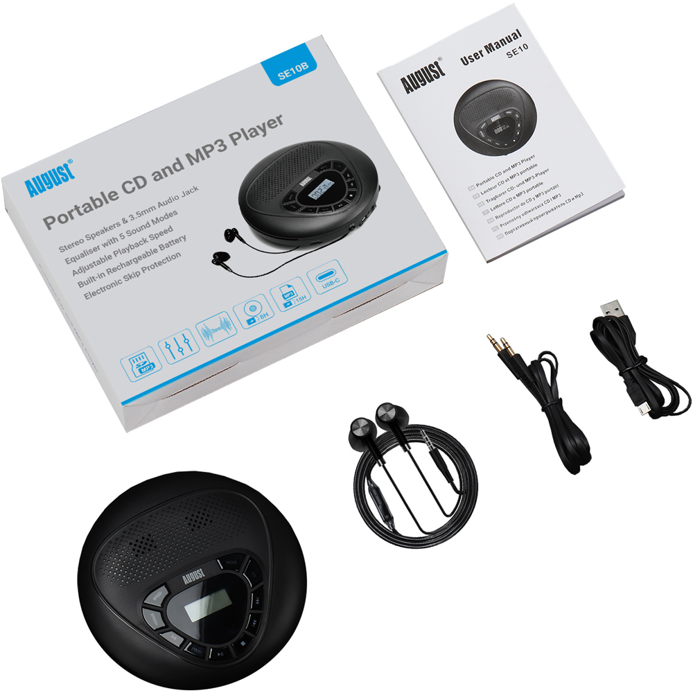 August SE10 Black Rechargeable Dual Stereo Speaker Portable CD Player with Earphones Image 6