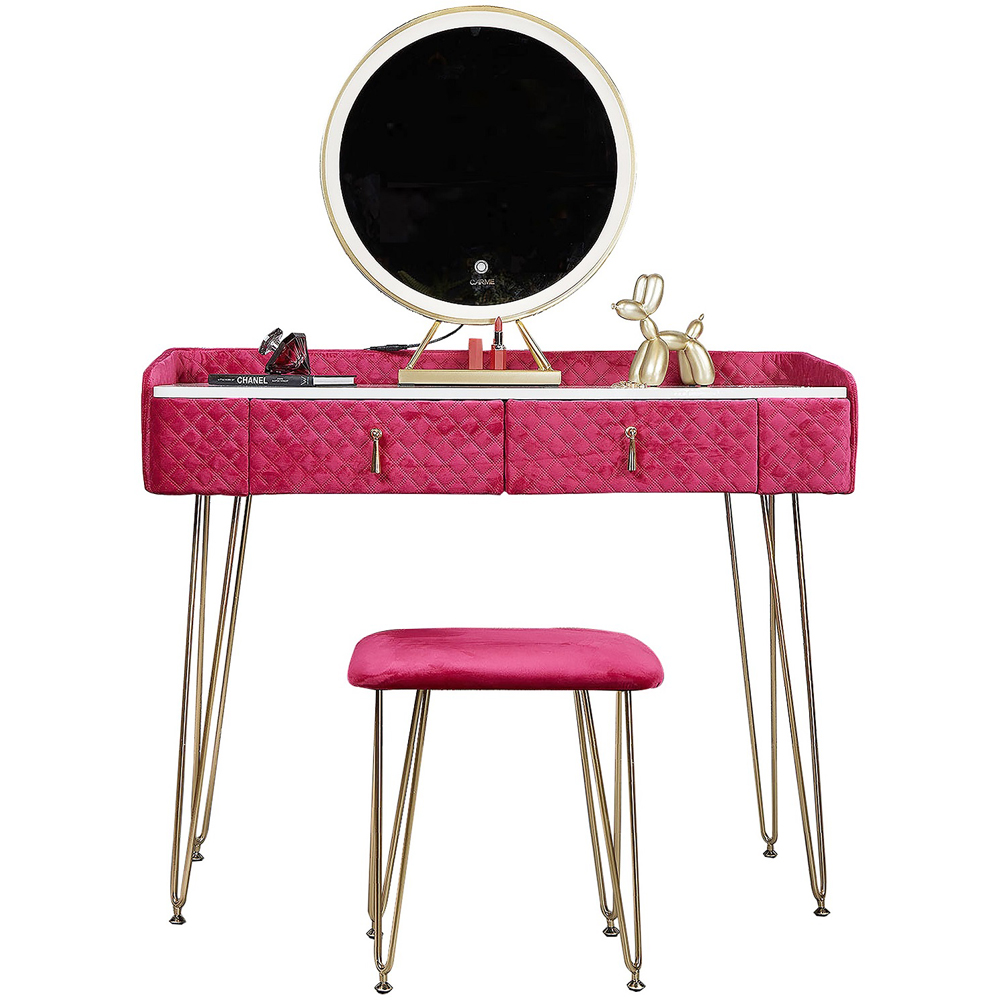 CARME Home Tokyo Glow 2 Drawer Raspberry Velvet Dressing Table Set with LED Mirror Image 2