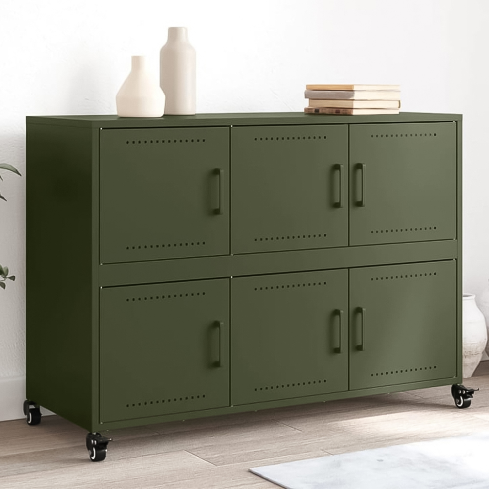vidaXL 6 Door Olive Green Metal Sideboard with Wheels Image 1
