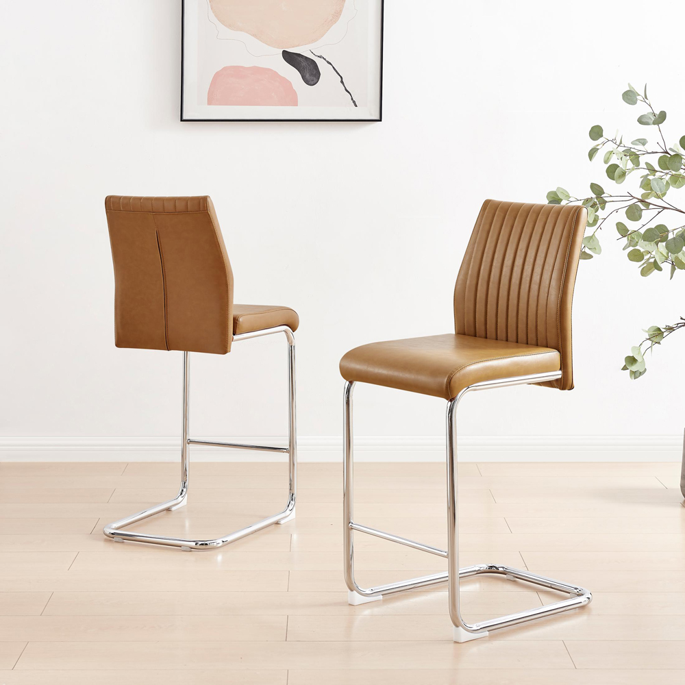 Furniturebox Fontana Tan and Silver Faux Leather Bar Chair Set of 2 Image 6