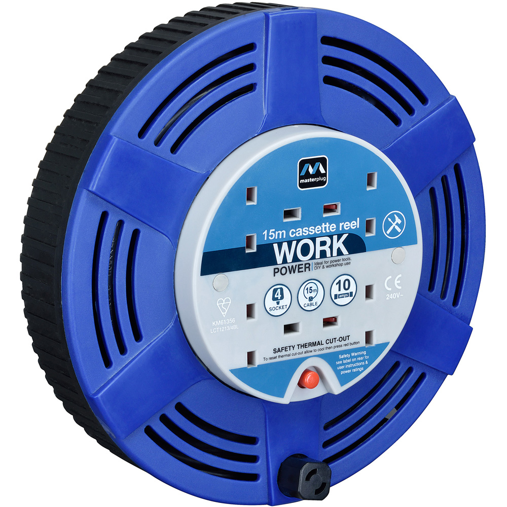 Masterplug Blue 10A 4 Socket Large Cassette Cable Reel 15m Image 1