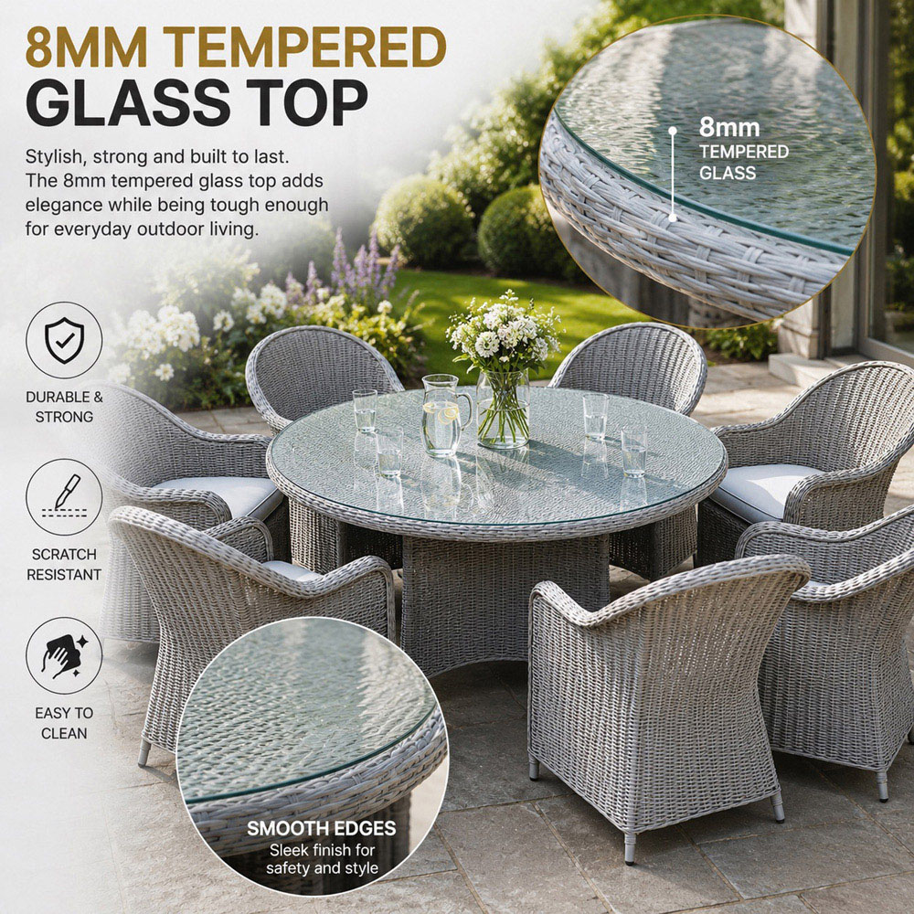 Shatchi Sorrento 6 Seater Rattan Aluminium Round Garden Dining Set Light Grey Image 5