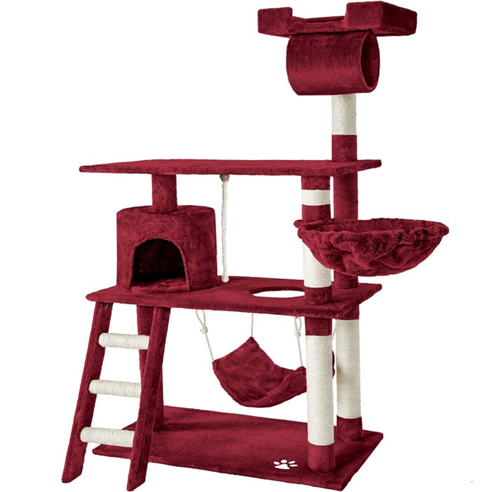 tectake Marcel Burgundy Cat Tree with Scratching Post 141cm Image 1