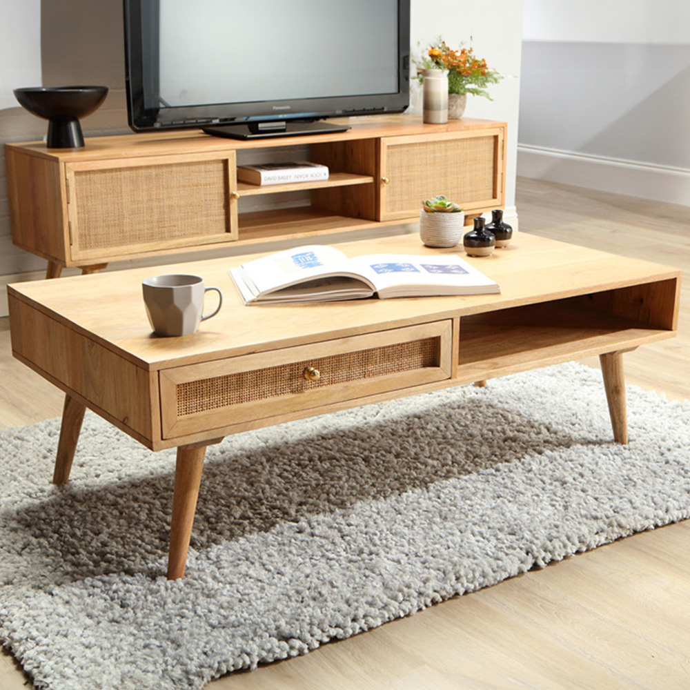 Desser Manhattan 2 Drawer Natural Rattan and Mango Wood Coffee Table Image 1