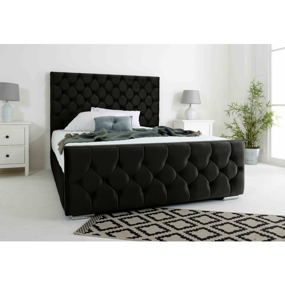Eleganza Maya Single Black Plush Velvet Bed Frame with Chesterfield Headboard Image 2