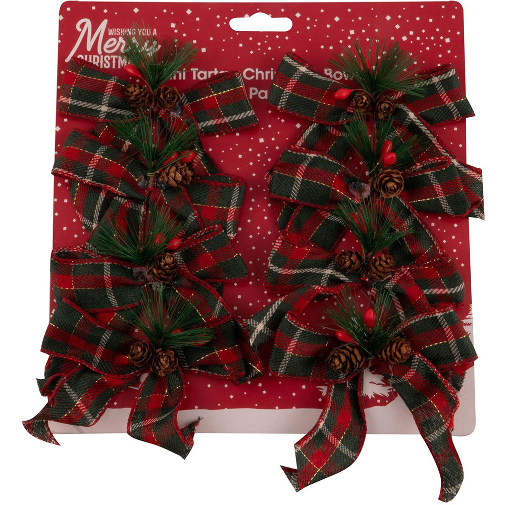 Pack of 8 Mini Christmas Bows with Decoration - Tartan Image