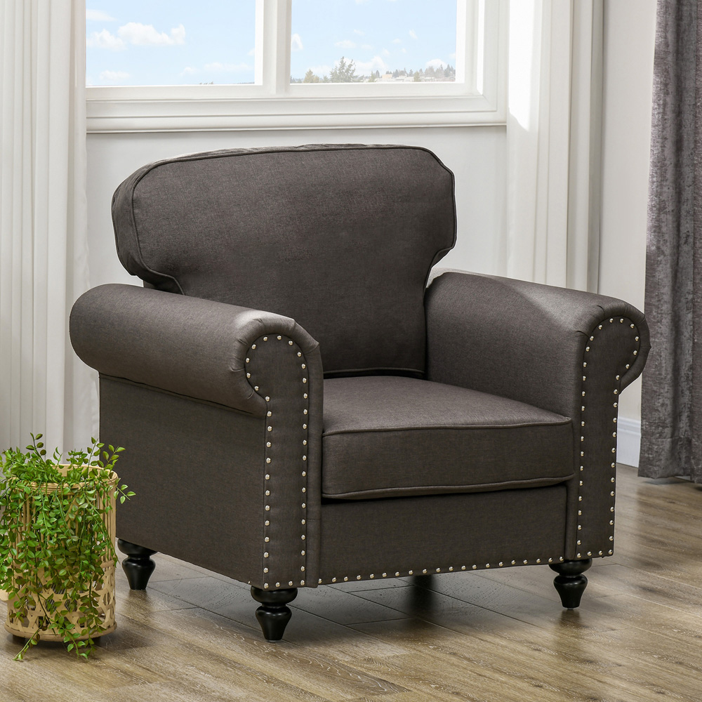 HOMCOM Brown Fabric Accent Chair with Nailhead Trim Rolled Arms Image 4