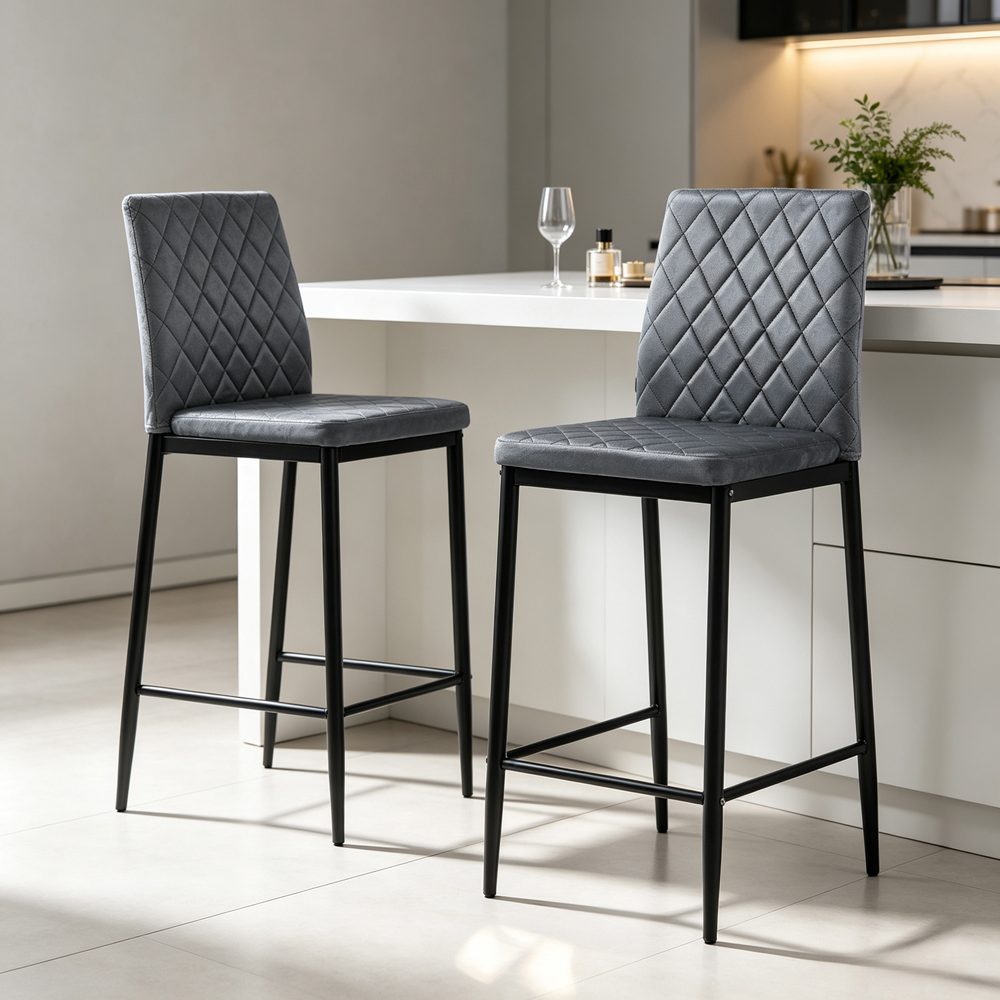 Living and Home Dark Grey Velvet Diamond Stitched Bar Stool Set of 2 Image 8