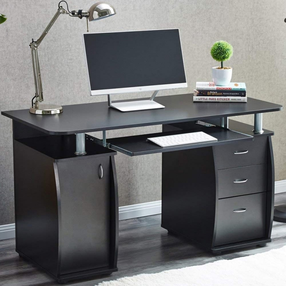 Deluxe Computer Desk with 3 Drawers & Storage Cabinet - Black Image 1