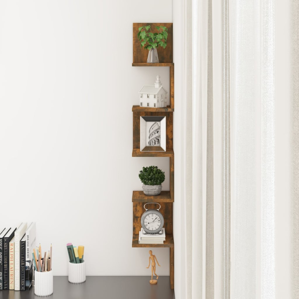 vidaXL 5 Shelf Smoked Oak Floating Corner Wall Shelf Image 5