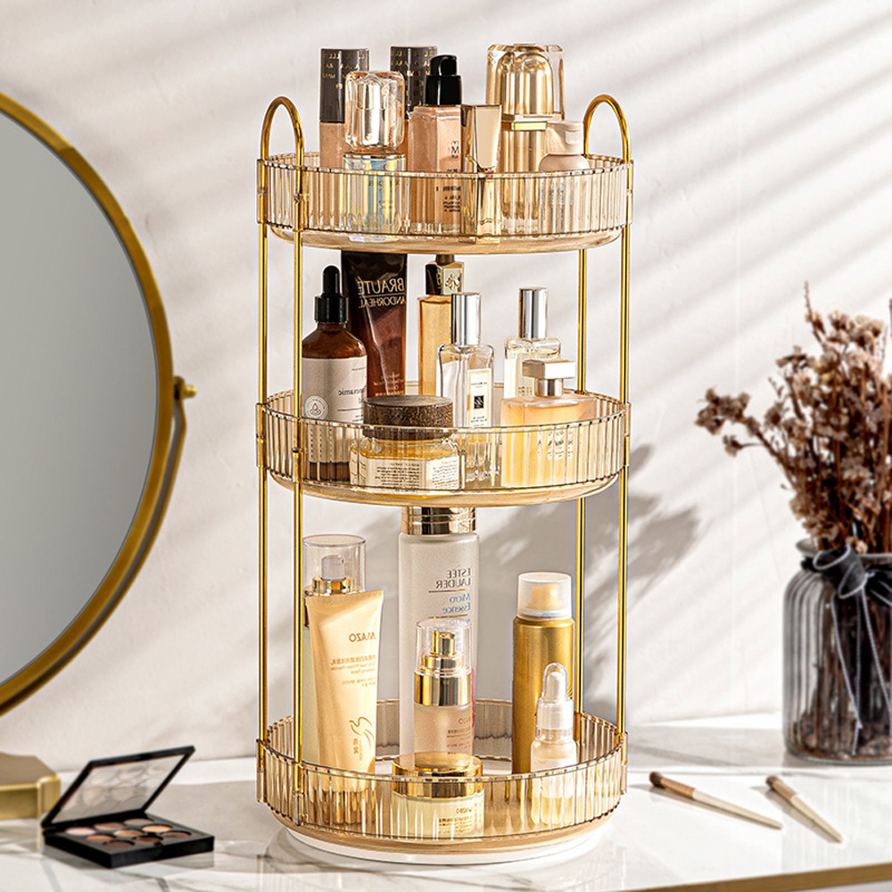 H&O Direct 3 Tier Gold Round Rotating Cosmetics Organiser Image 2