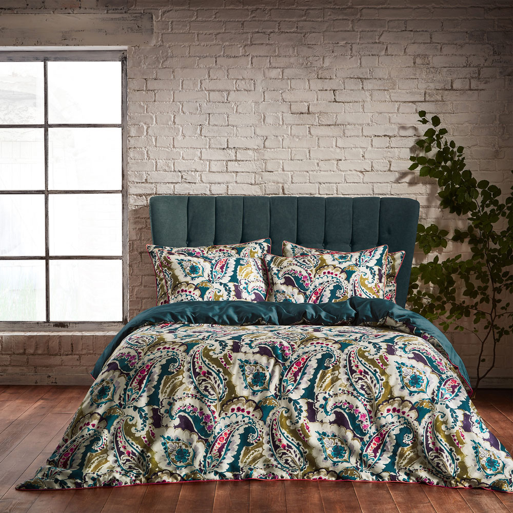 EW by Edinburgh Weavers Aretha Double Teal and Olive Paisley Cotton Sateen Duvet Set Image 1