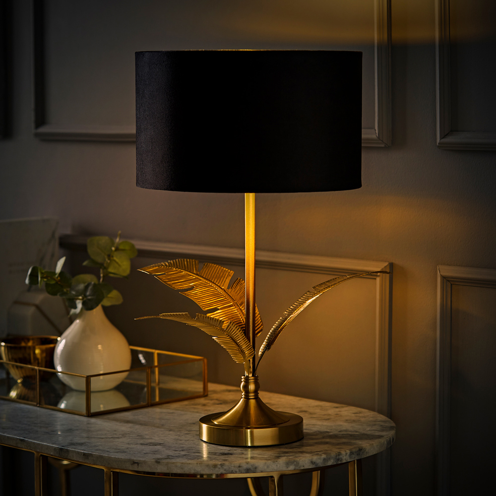 ValueLights Christina Black Velvet and Gold Palm Leaf Table Lamp with Bulb Image 6