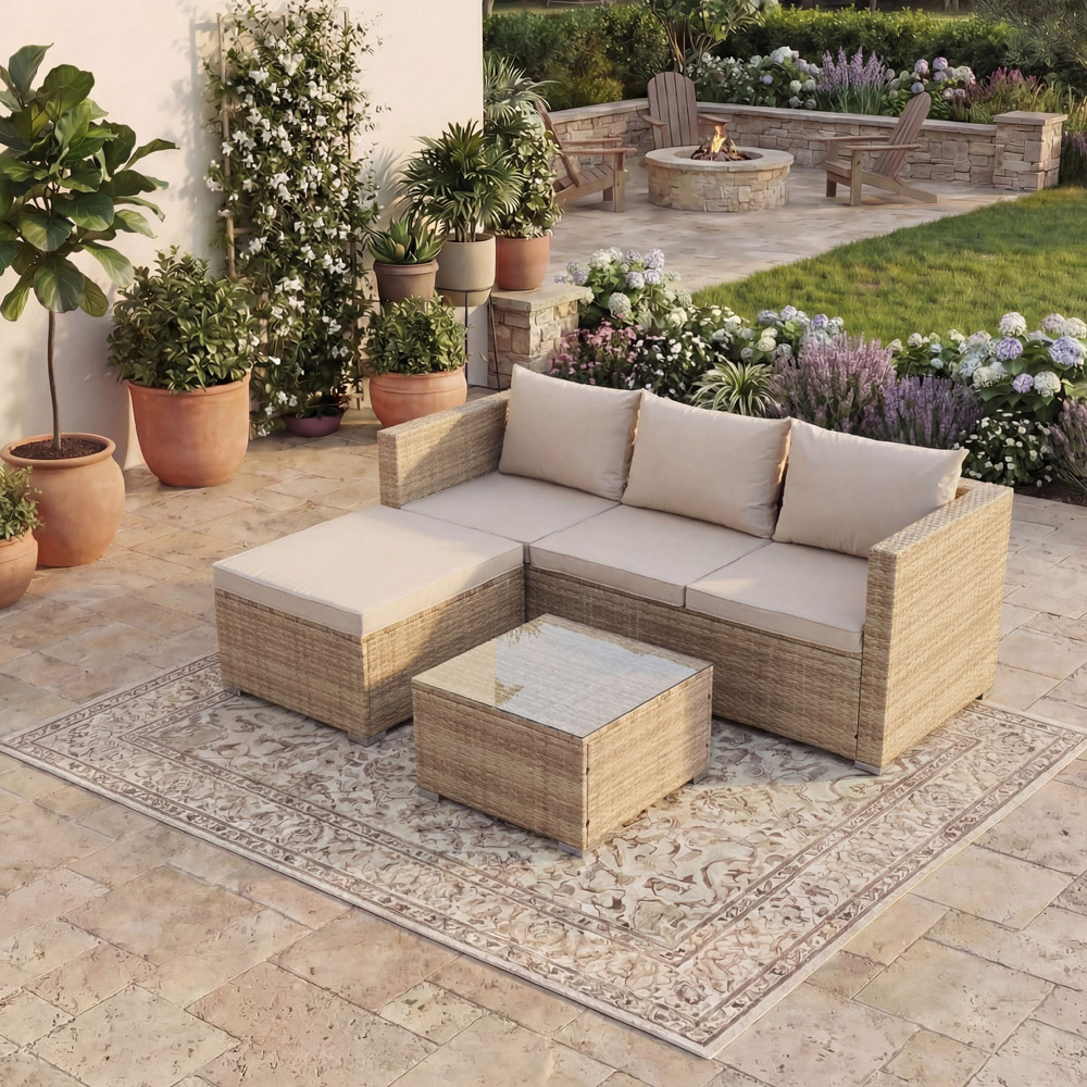 GARDEN VIDA Hampton 4 Seater Natural PE Rattan Garden Corner Lounge Set with Cover Image 3