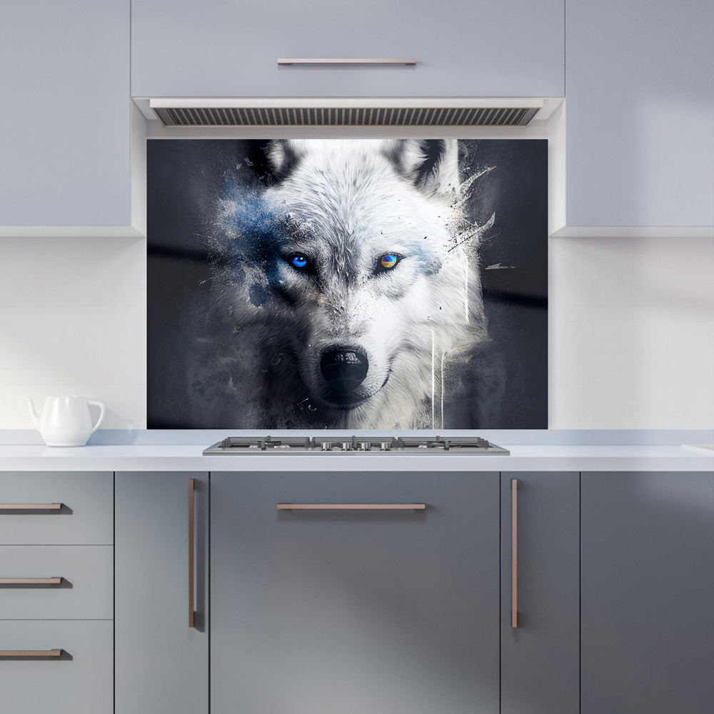 Warren Reed Designer Dark Background Splashart White Wolf Face Glass Kitchen Splashback 65 x 90cm Image 1