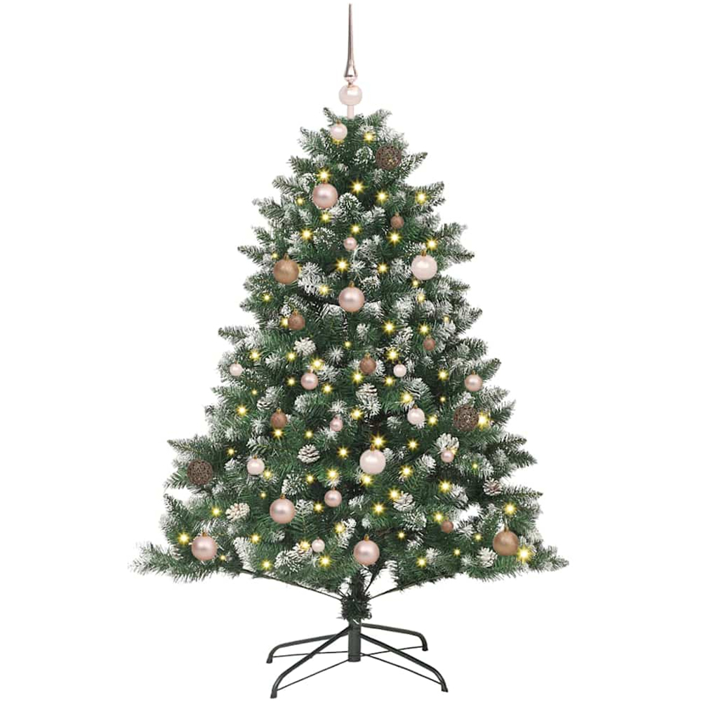 vidaXL Pre-Lit Rose Gold Baubles Green Artificial Snow Tipped Christmas Tree 5ft Image 1
