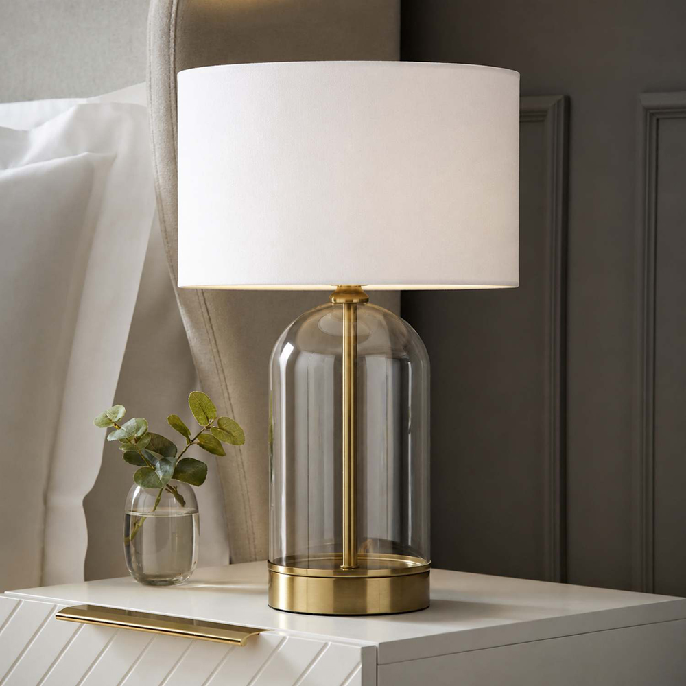 ValueLights Jessy White Fabric Drum Shade Gold Trim Glass Table Lamp with Bulb Image 4
