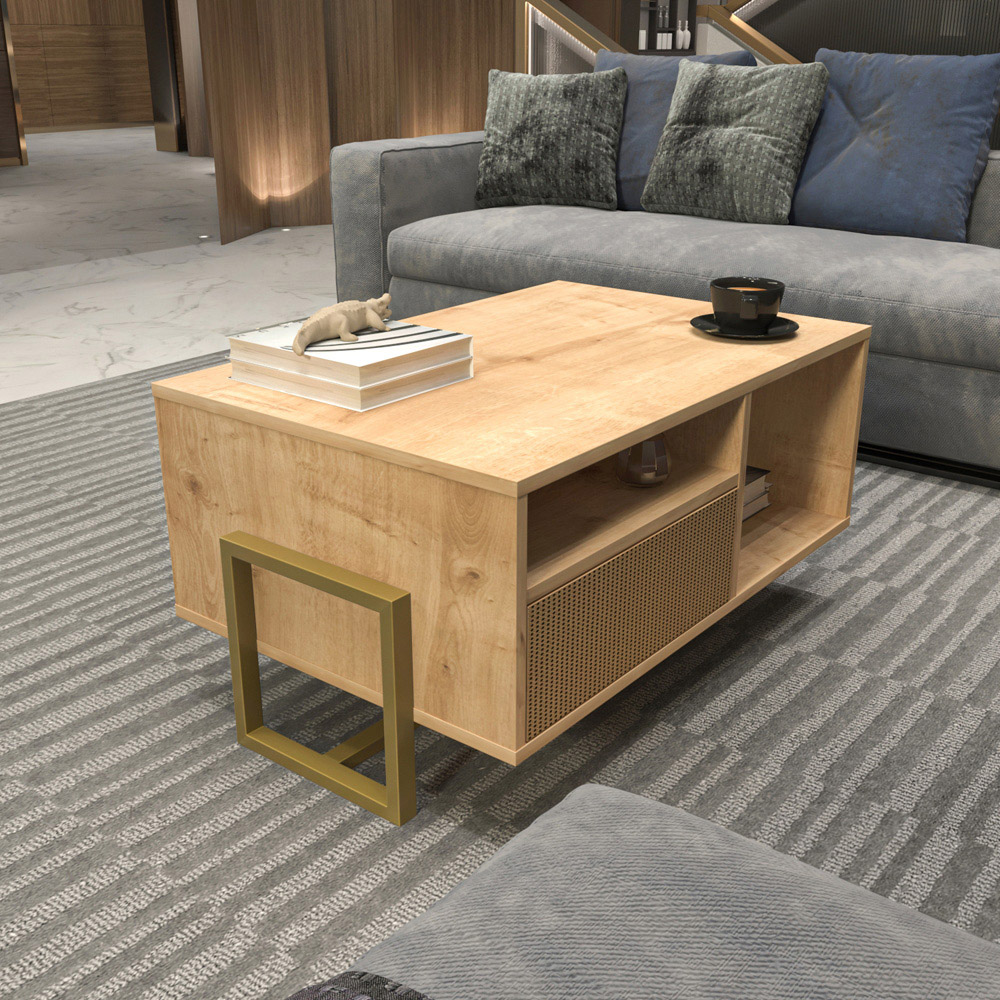 Decorotika Utopie 2 Door 2 Shelf Oak and Rattan Modern Coffee Table Image 7
