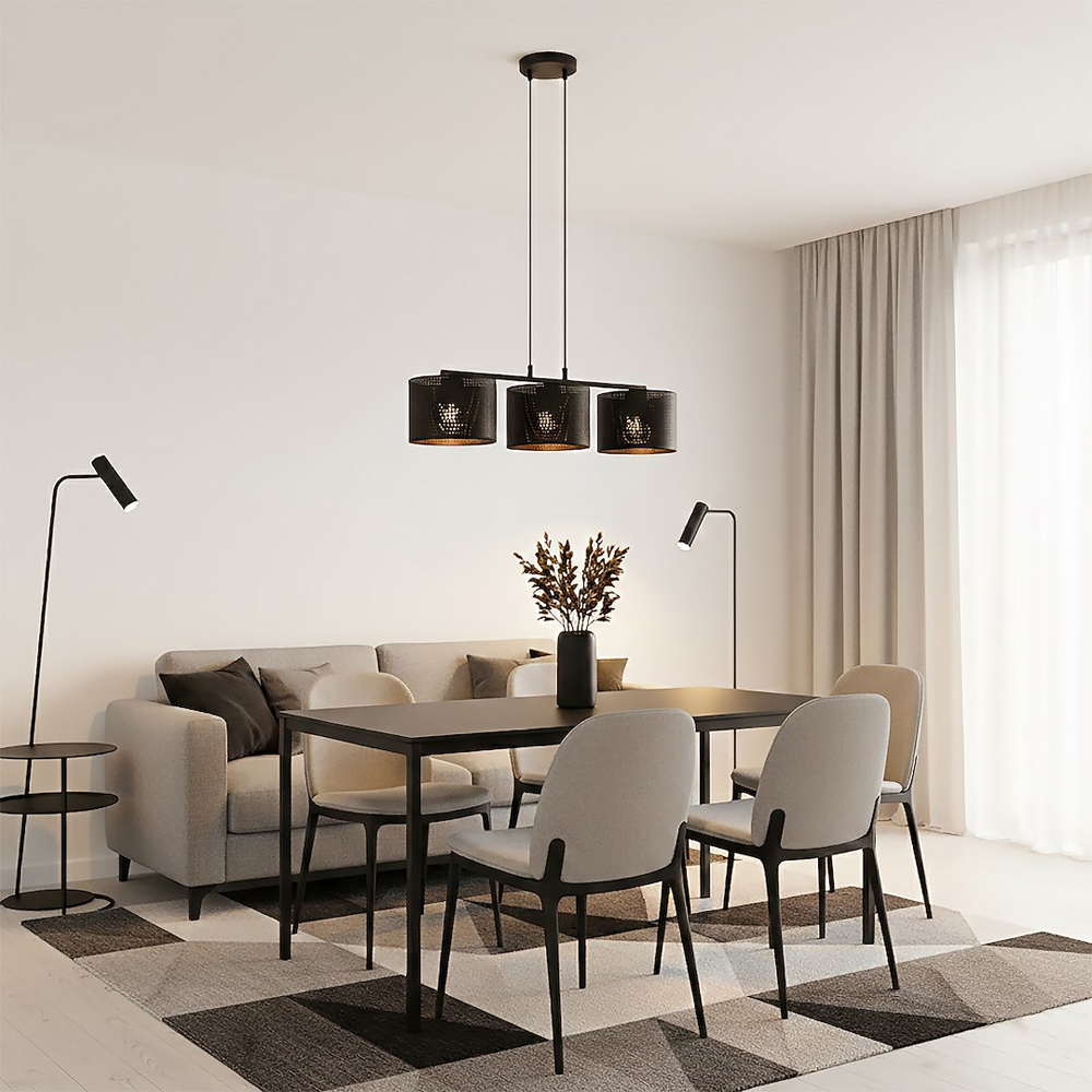 Emibig Lux 3 Light Cylindrical Shade Black E27 Ceiling Pendant Light Image 2