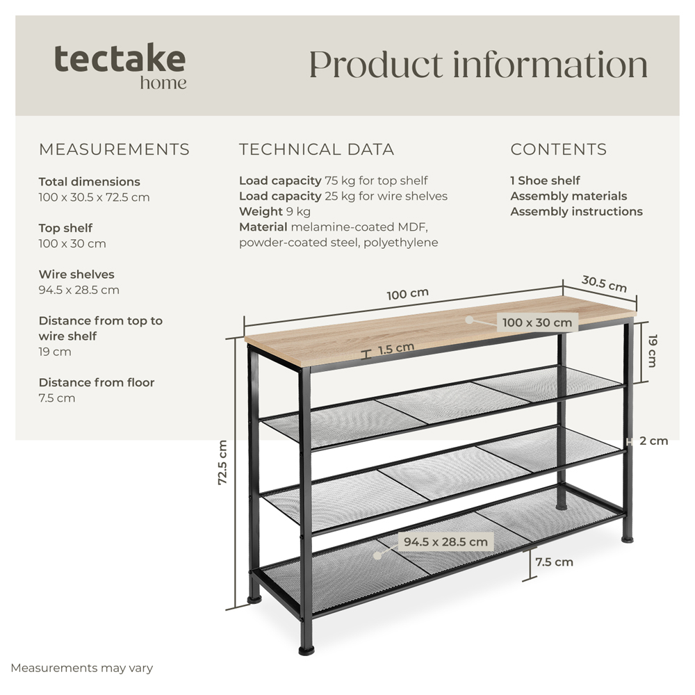 tectake Portsmouth 3 Grid Shelf Oak Sonoma Shoe Rack Image 9