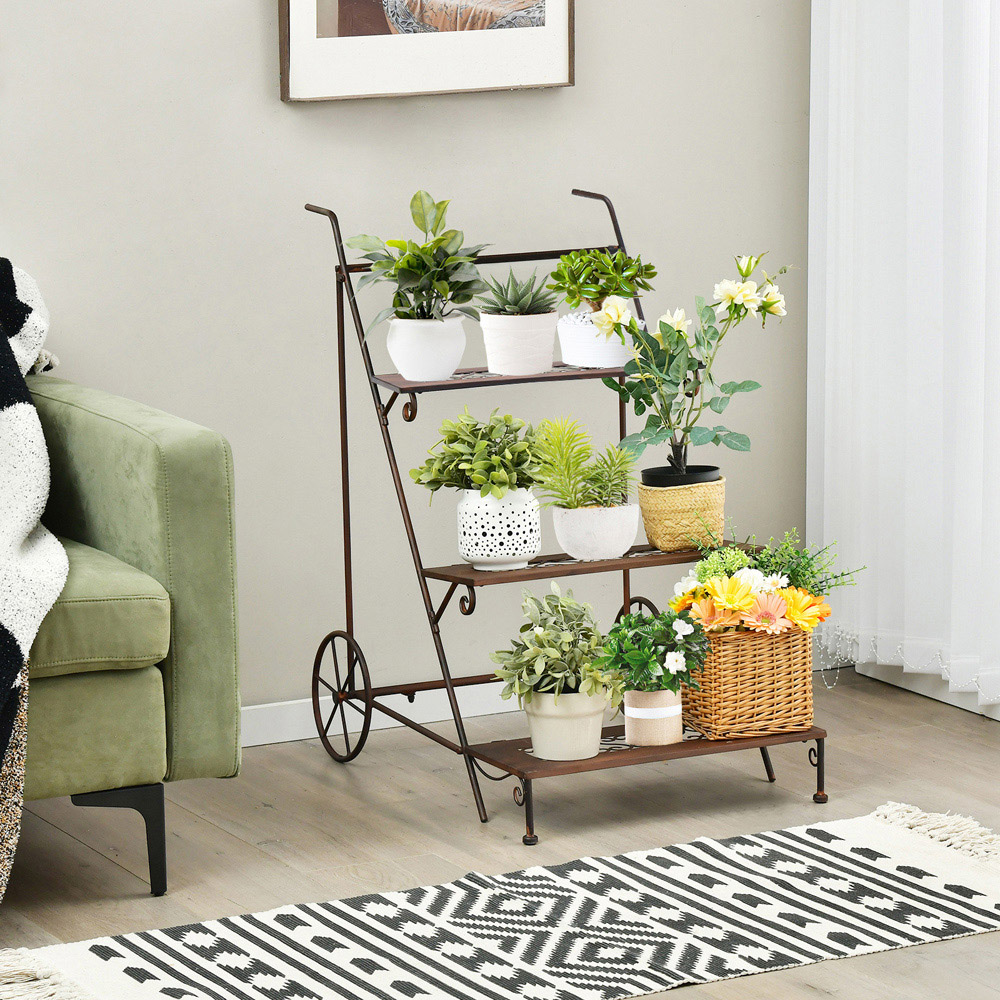 Costway 3 Tier Ladder Shaped Metal Plant Stand with Wheels and Handle Image 2