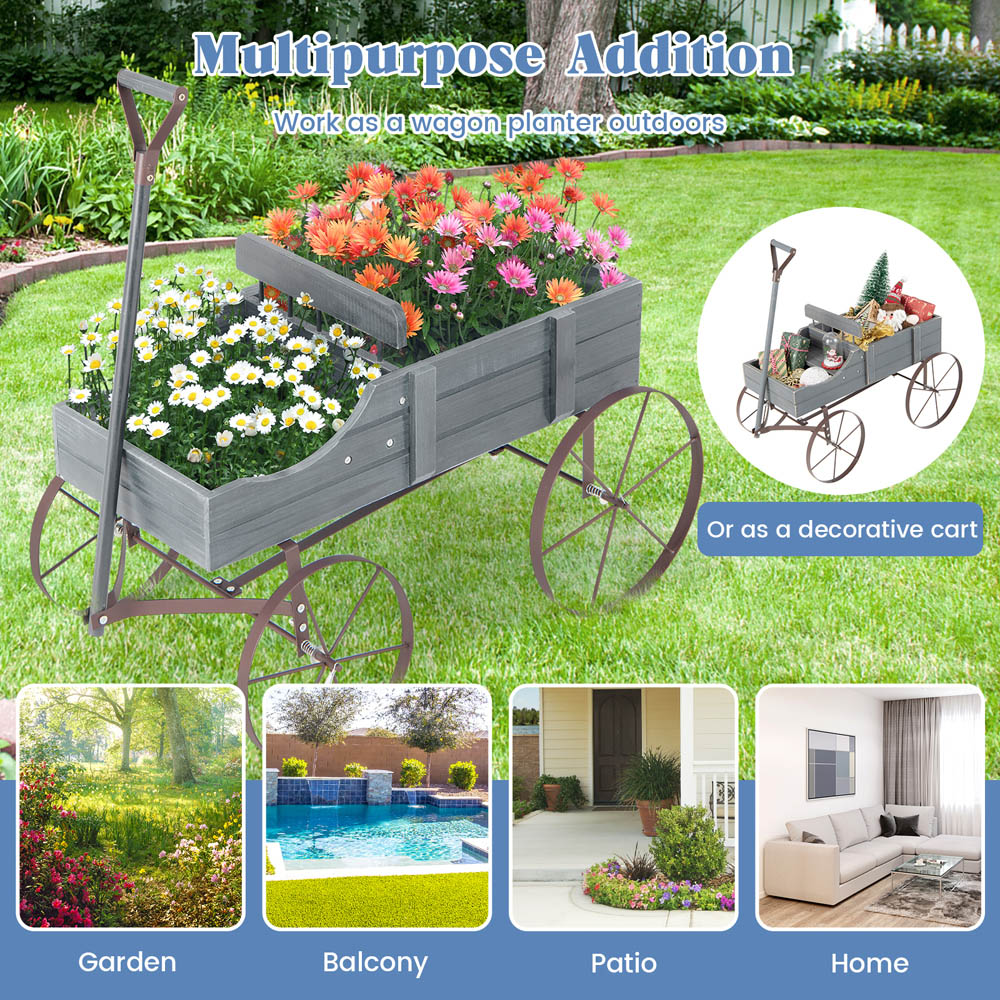 Costway Grey Wooden Wagon Flower Planter Image 8