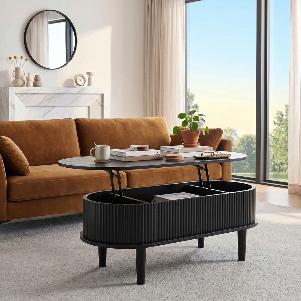 Living and Home Black Oval Lift-Top Coffee Table with Hidden Storage Image 7