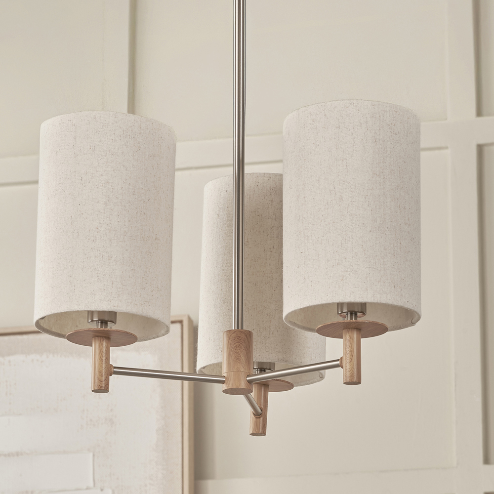 Pacific Lifestyle Bonham 3 Light White Fabric Shade Natural Wood and Silver Metal Pendant Light Image 2
