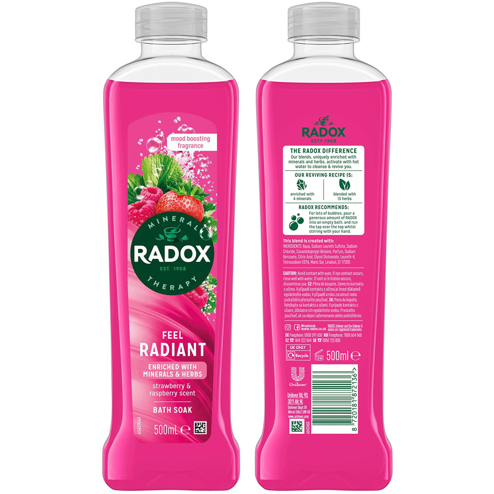Radox Mineral Therapy Feel Radiant Strawberry and Raspberry Soothing Bath Soak 500ml 6 Pack Image 7