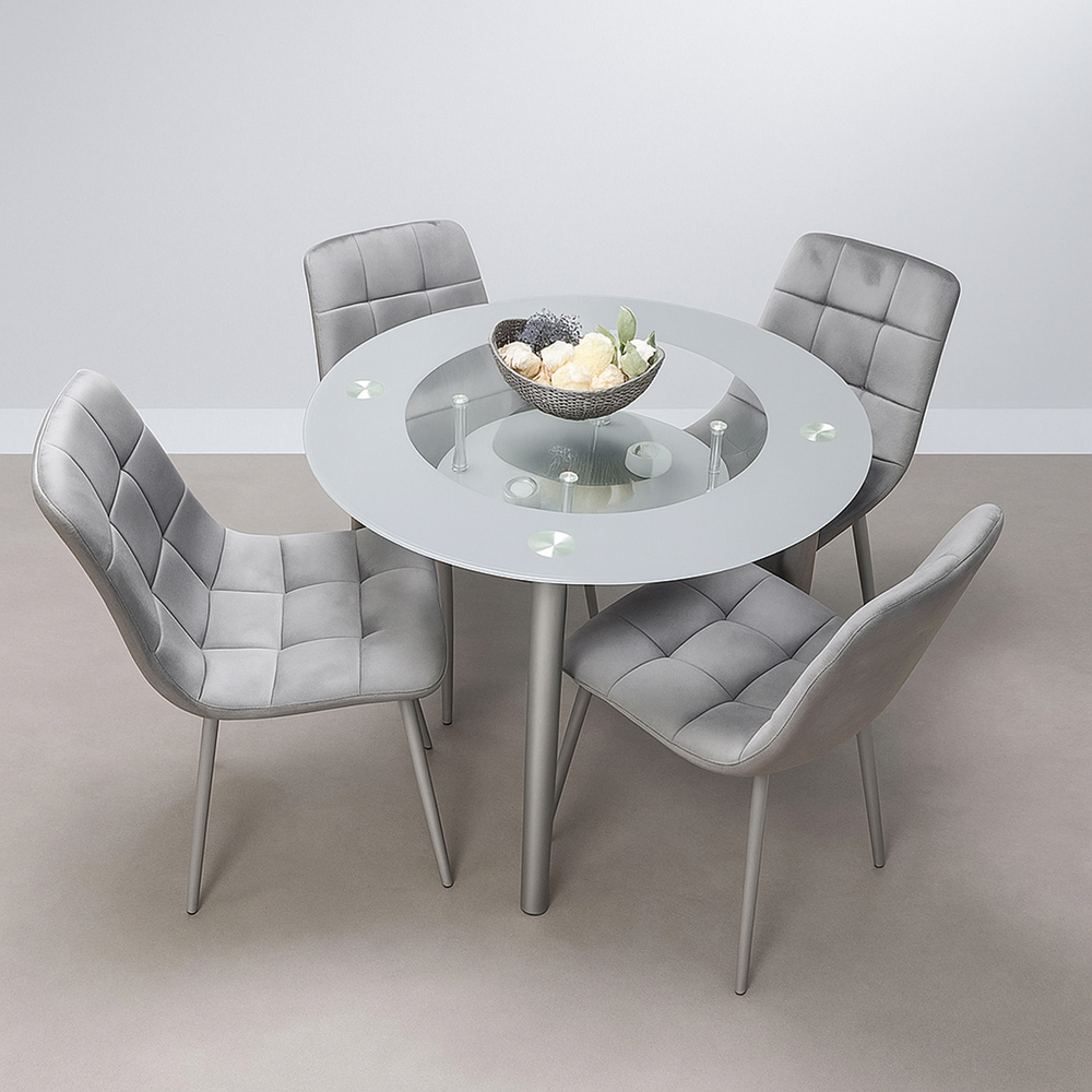Portland Rocco 4 Seater Round Glass Velvet Dining Set Grey Image 2