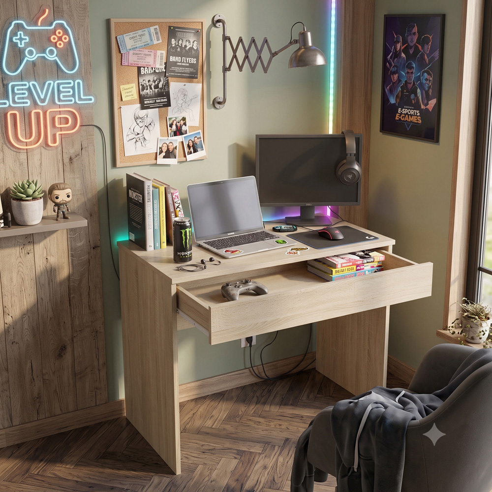 Shefa Line Focus 750 Single Drawer Wide Computer Desk Oak Image 4