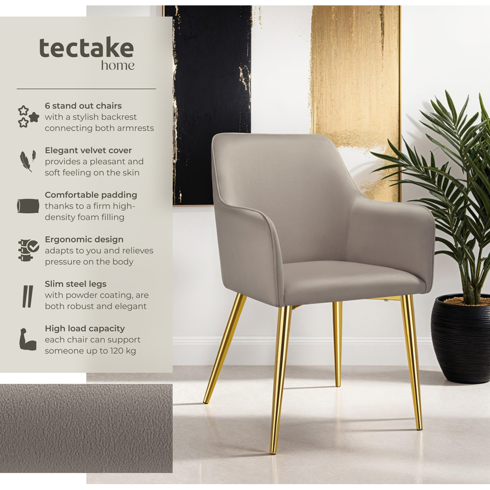 tectake Avane Set of 6 Taupe Velvet Look Padded Dining Chair Image 3