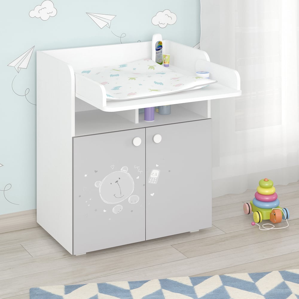 Kudl 700 Kids 2 Door 2 Shelf White and Grey Teddy Dresser with Changing Board Image 5