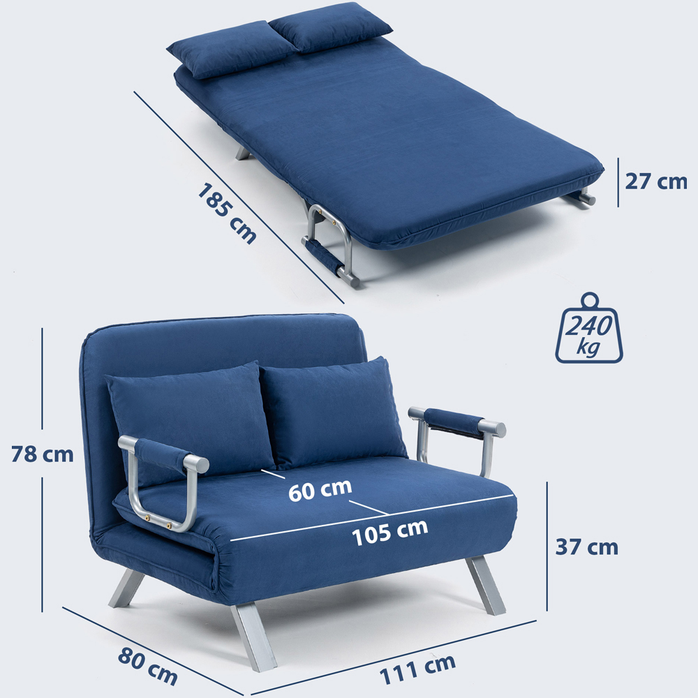 Portland 2 Seater Dark Blue Sofa Bed with Adjustable Backrest and Pillows Image 9