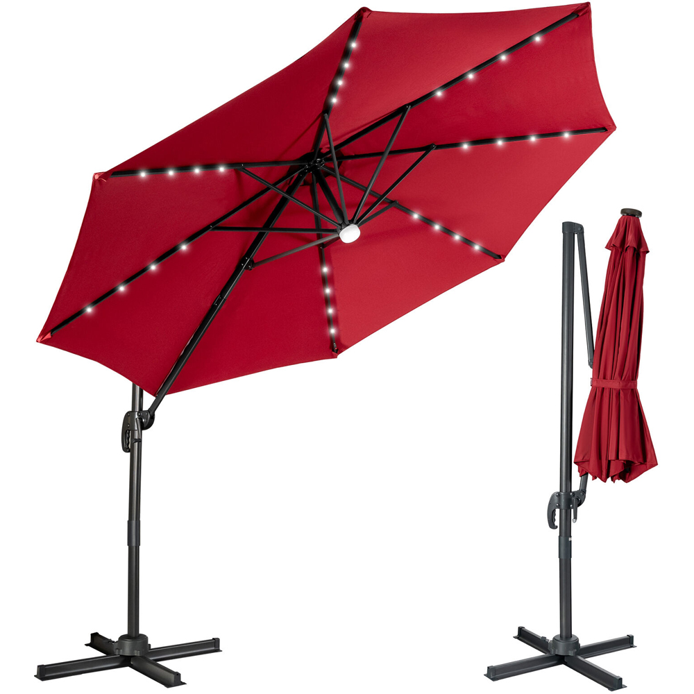 Costway Wine 28 LED Crank and Tilt Cantilever Parasol 3m Image 3