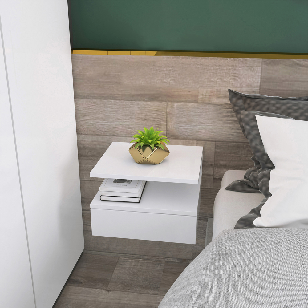 Portland Single Drawer Single Shelf White Wall Mounted Bedside Table Set of 2 Image 3