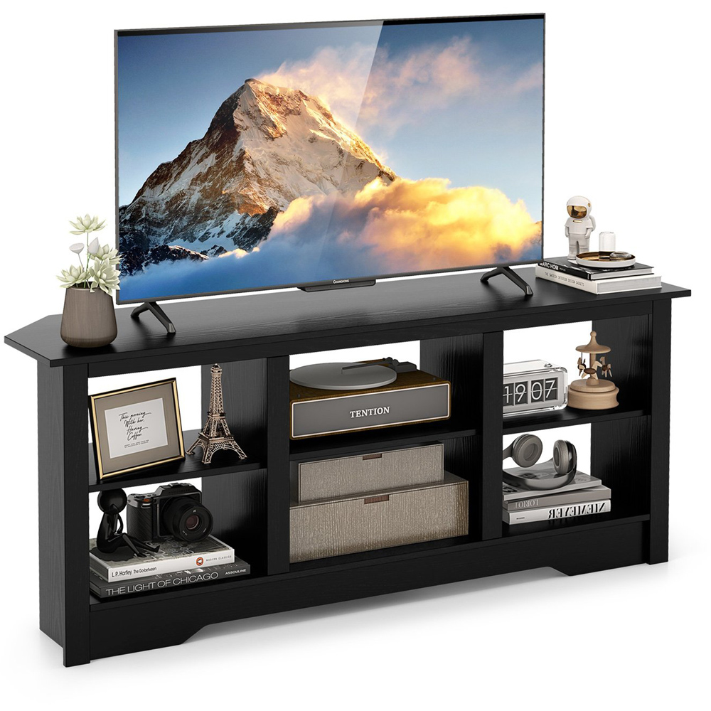 Costway Black TV Stand with 6 Storage Shelves Image 3