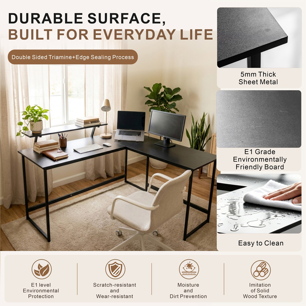 Abrihome Single Shelf Industrial Style L-Shaped Corner Computer Desk Black Image 5