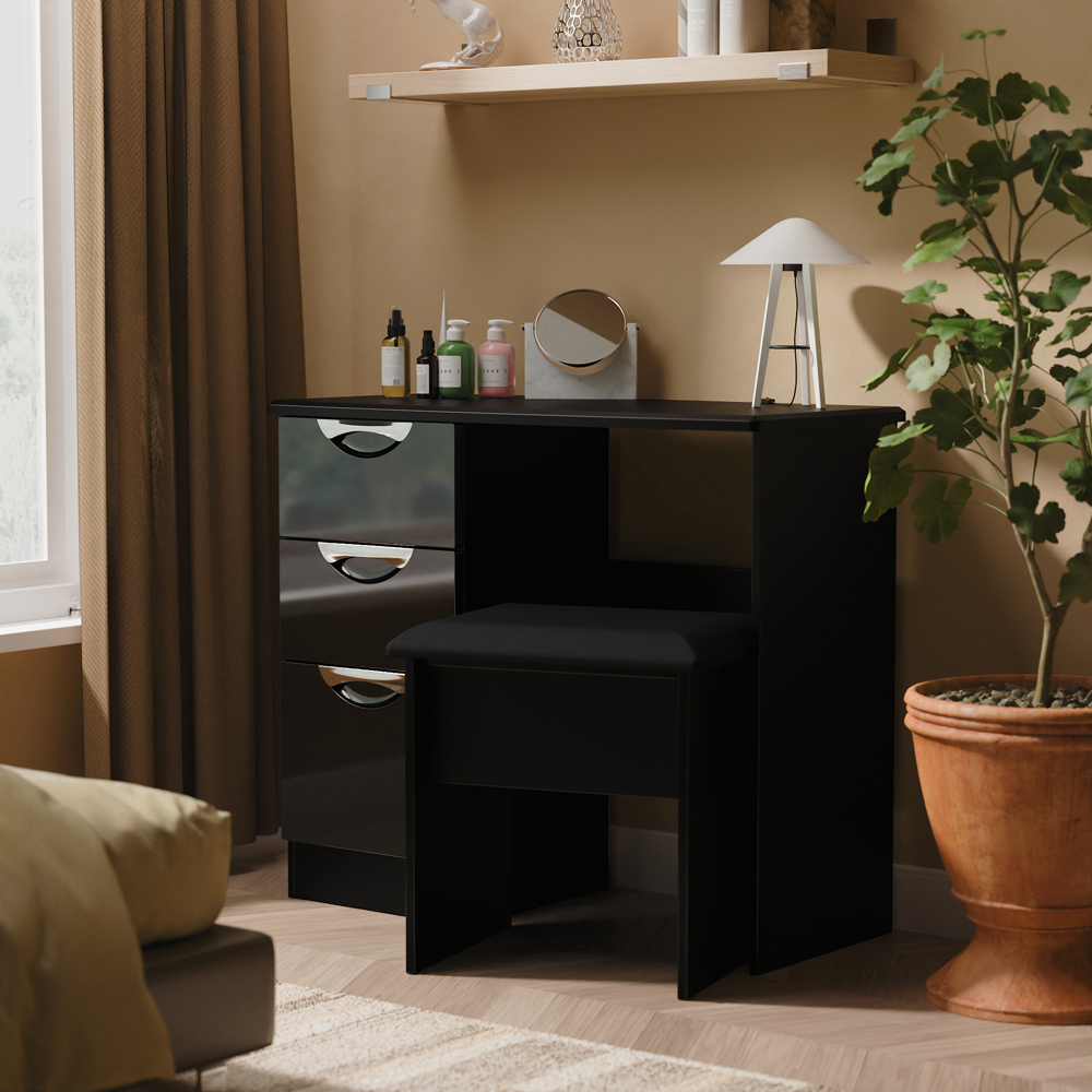 Crowndale Camden 3 Drawer Black Gloss and Black Vanity Dressing Table Ready Assembled Image 6