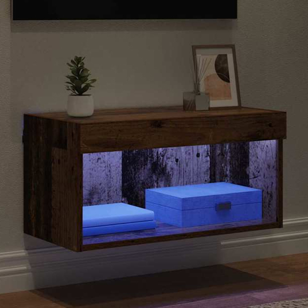 vidaXL Single Shelf Old Wood Wall Mounted Wide TV Cabinet with LED Light Image 1
