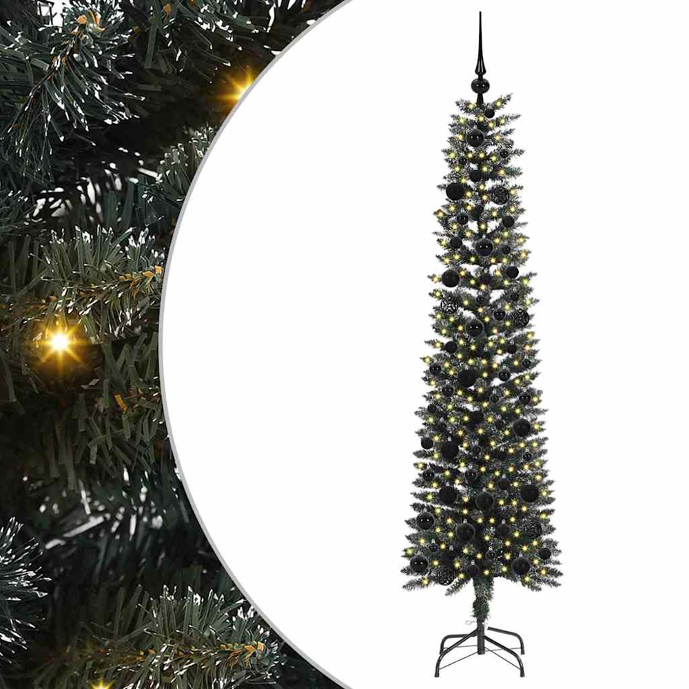 vidaXL Pre-Lit Black Baubles Green Artificial Christmas Tree 6ft Image 2