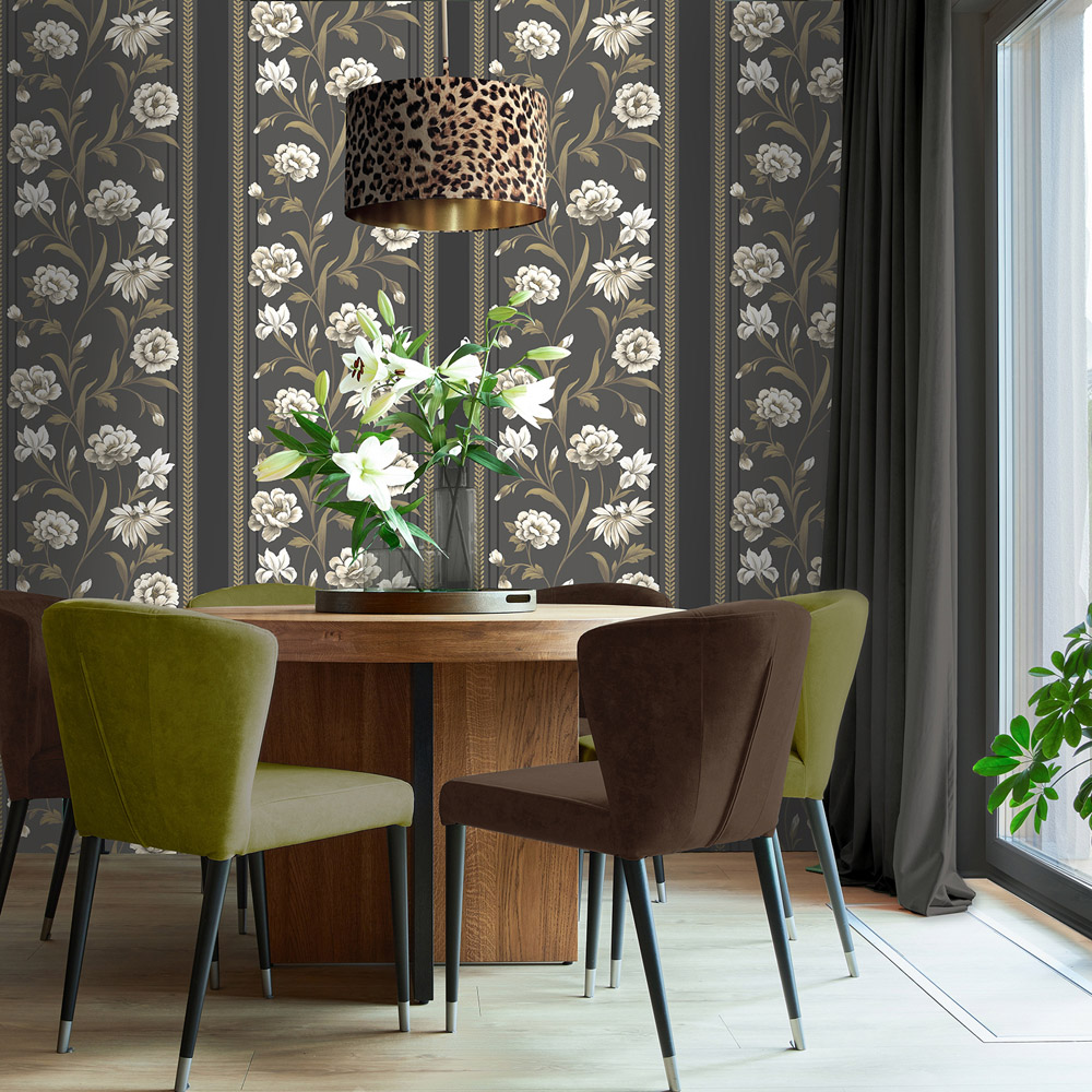 Belgravia Decor Raya Floral Stripe Dark and Neutral Wallpaper Image 2