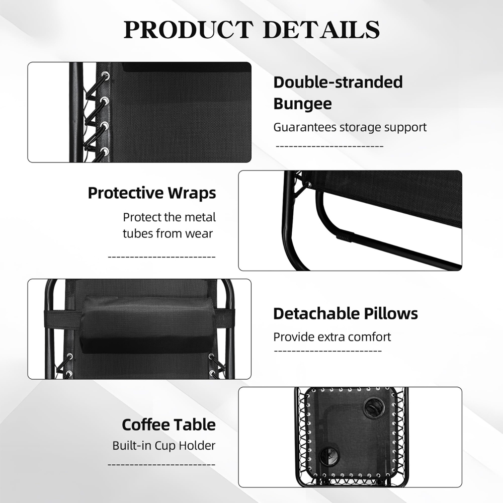 Alivio Set of 2 Black Heavy Duty Teslin Zero Gravity Reclining Chair with Coffee Table Image 6