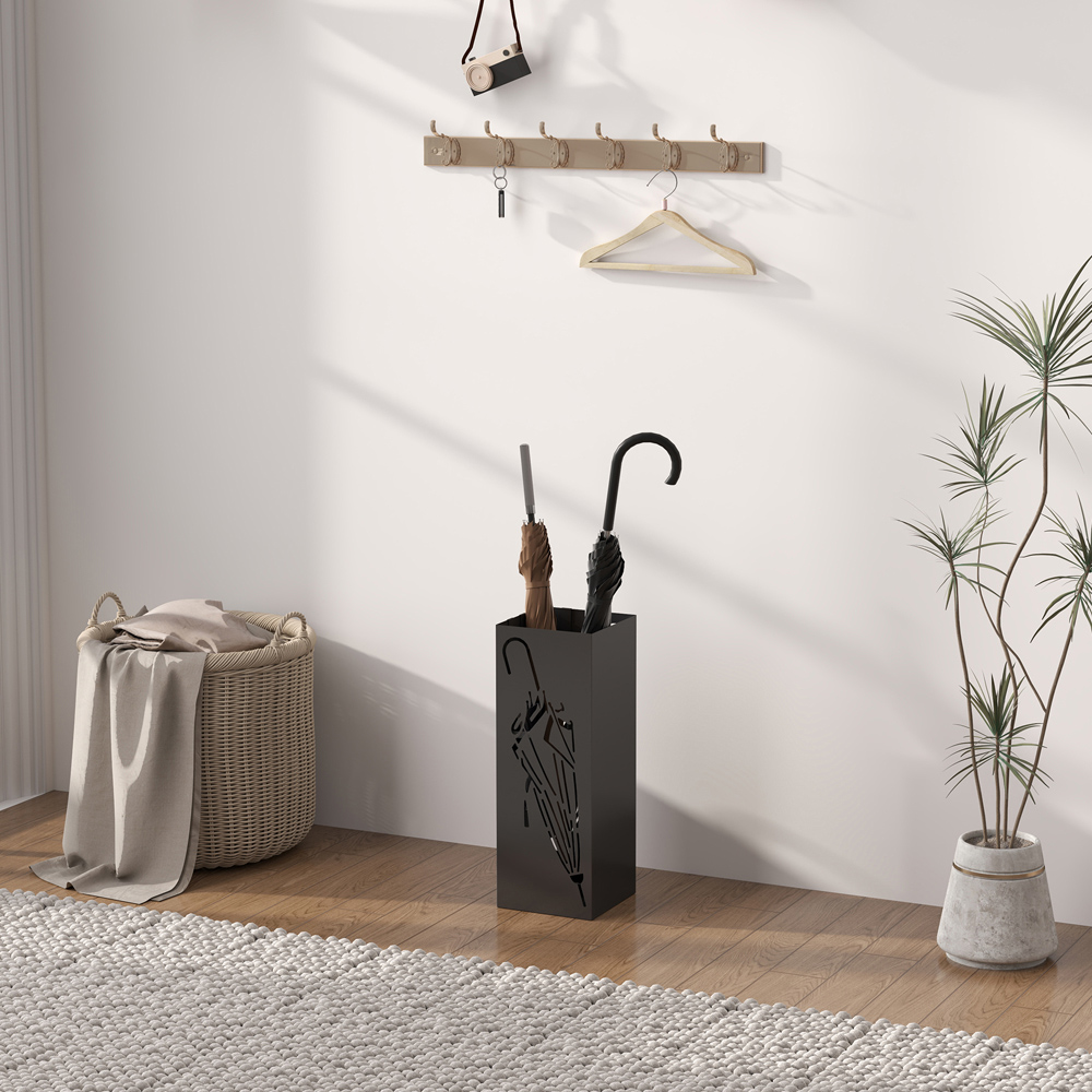 HOMCOM 4 Hooks Black Square Freestanding Decorative Umbrella Holder with Drip Tray Image 4
