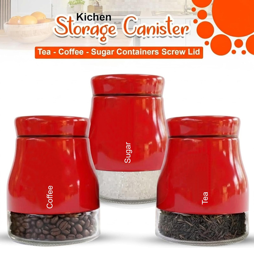 ATEK 3 Piece Tea Coffee and Sugar Red Kitchen Canister Set Image 4
