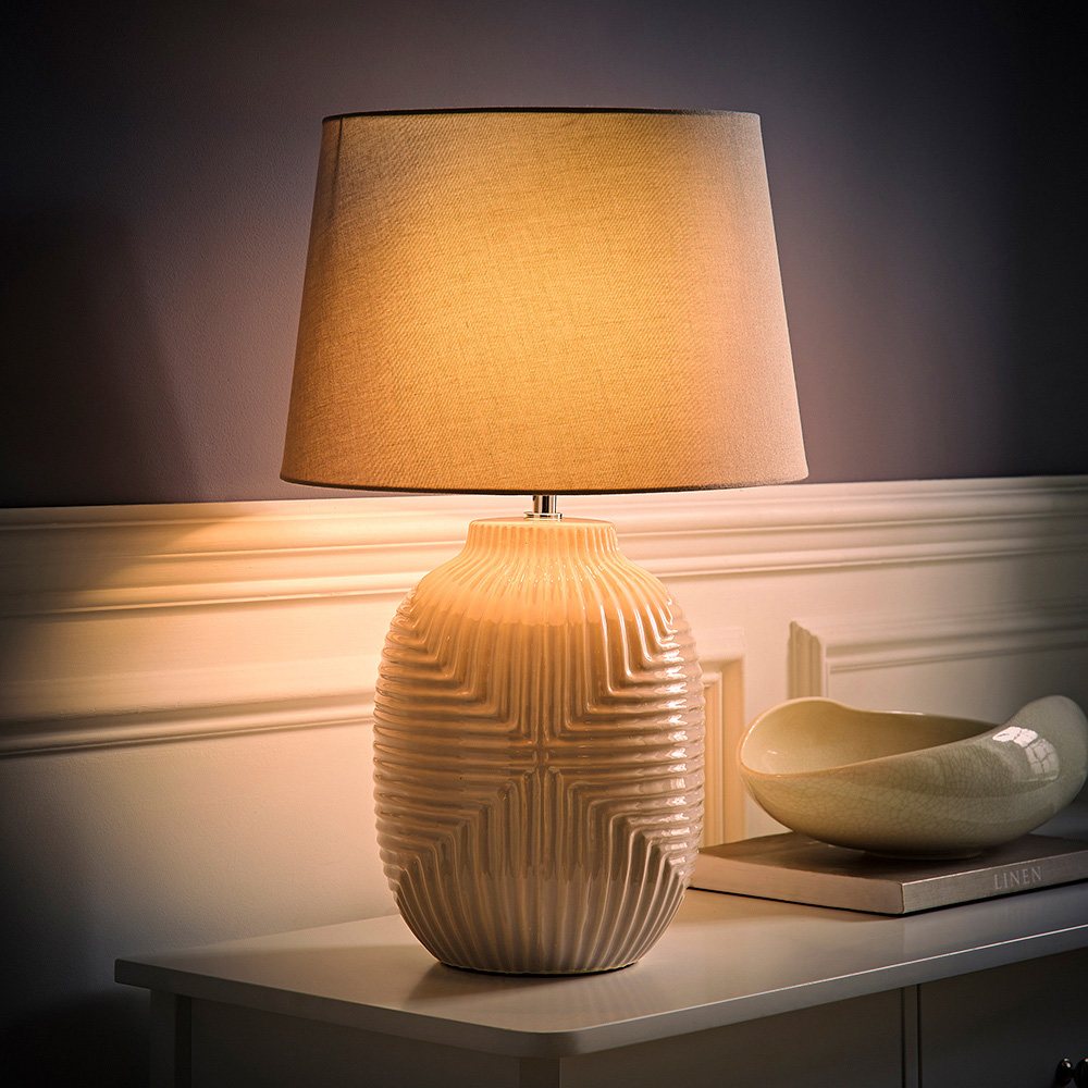 ValueLights Harrison Tapered Shade Grey Geo Ribbed Pattern Gloss Large LED Table Lamp Image 2