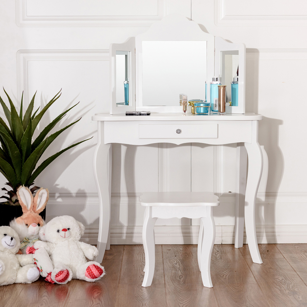 Costway Kids Single Drawer White Vanity Dressing Table Set with Mirror Image 5