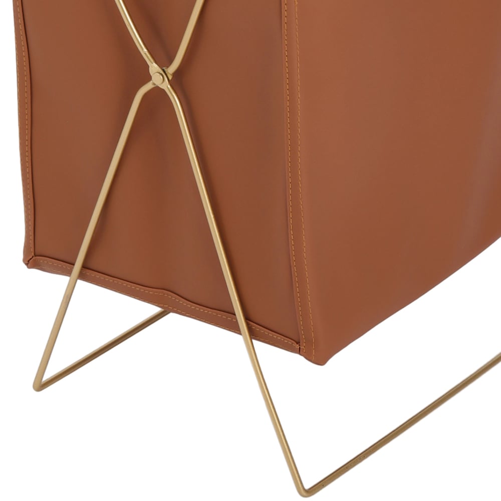 Living and Home Brown Metal Frame PU Leather Collapsible Laundry Basket Image 4